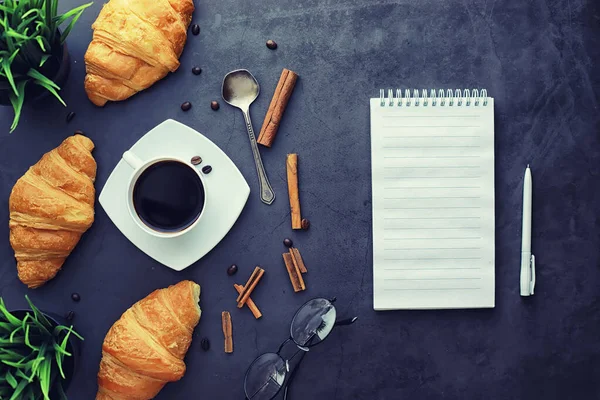 Fresh pastries on the table. French flavored croissant. — ストック写真