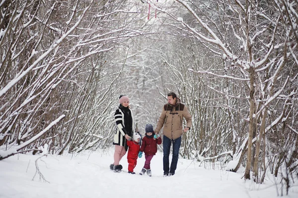 Giovani famiglie con bambini camminano nel parco invernale. Winte — Foto Stock