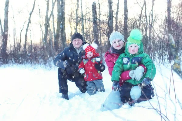 Οικογένεια Παιδιά Στο Πάρκο Χειμώνα Χιονοθύελλα — Φωτογραφία Αρχείου