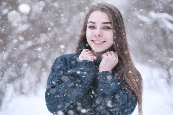 Chica en un parque de invierno en las nevadas —  Fotos de Stock