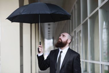 Takım elbiseli kel sakallı bir adam.