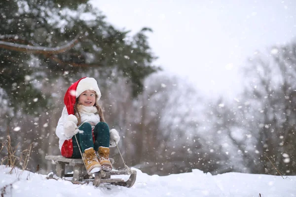 A winter fairy tale, a young mother and her daughter ride a sled