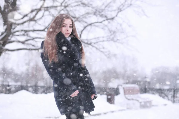 Menina em um parque de inverno na queda de neve — Fotografia de Stock