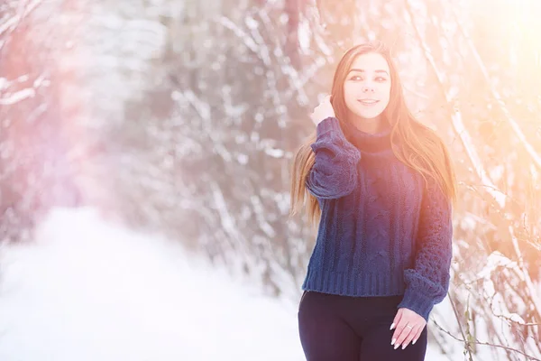 En ung flicka i en winter park på en promenad. Julhelgen i t — Stockfoto