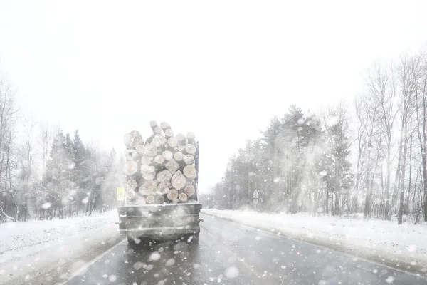 Hinten transportiert ein LKW Baumstämme. Holzlaster — Stockfoto