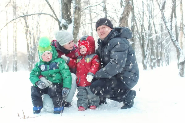 Famiglia Con Bambini Nel Parco Inverno Neve Piovana — Foto Stock