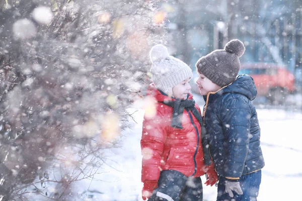 子供たちは公園の最初の雪の中を歩く — ストック写真