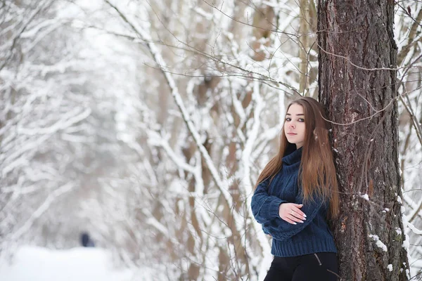 散歩の冬公園の少女。T のクリスマス休日 — ストック写真
