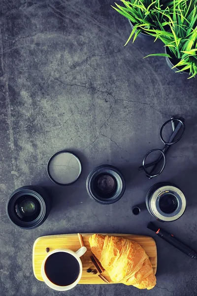 Fresh pastries on the table. French flavored croissant. — ストック写真