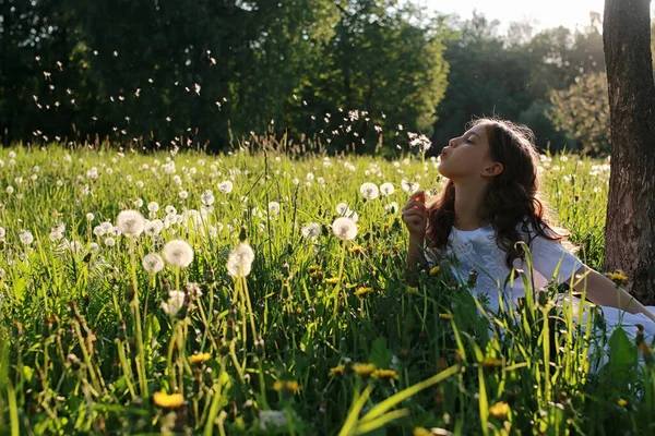 Semi di soffiaggio adolescenti da un fiore di dente di leone in un parco di primavera — Foto Stock