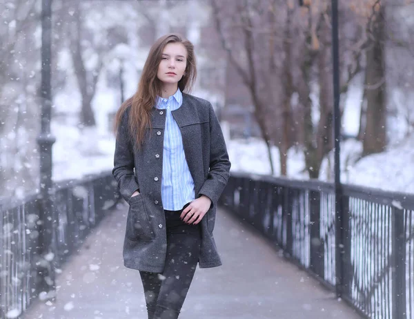 Ung flicka utomhus på vintern. Modell flicka poserar utomhus på en w — Stockfoto