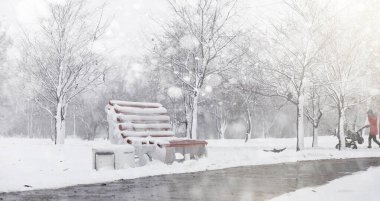 Karla kaplı Kış park ve banklar. Park ve beslenme için pier 