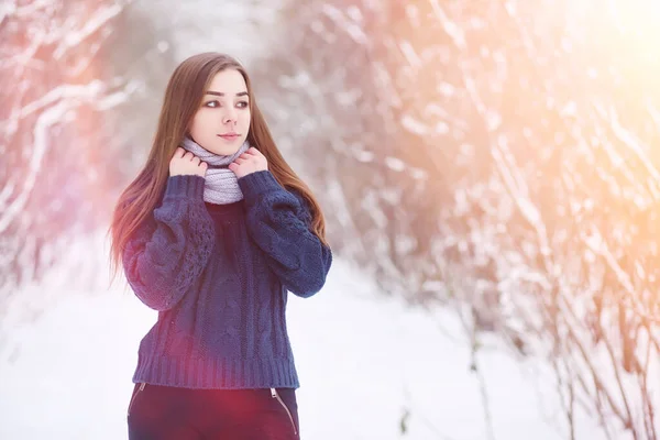 Una ragazza in un parco invernale a fare una passeggiata. Vacanze di Natale in t — Foto Stock