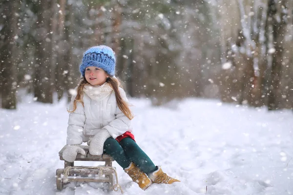 Un cuento de hadas de invierno, una joven madre y su hija montan en un trineo — Foto de Stock