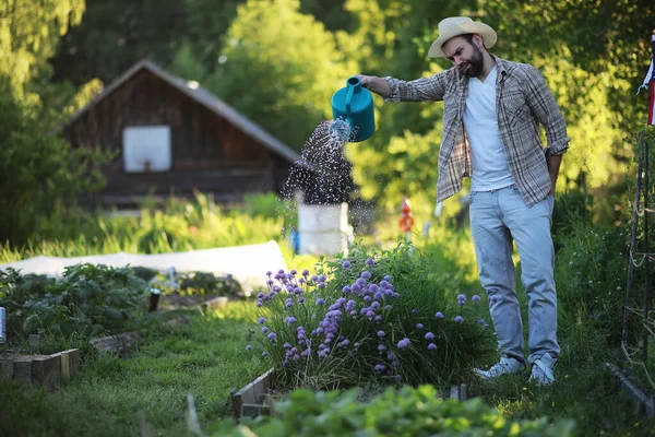 Hombre agricultor regando un huerto — Foto de Stock