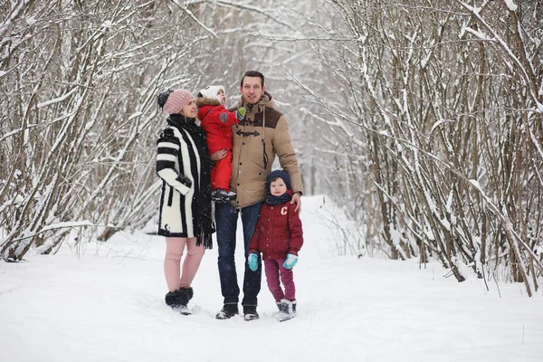 Giovani famiglie con bambini camminano nel parco invernale. Winte — Foto Stock