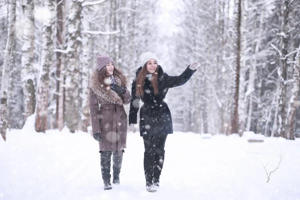 Fille dans un parc d'hiver en chute de neige — Photo