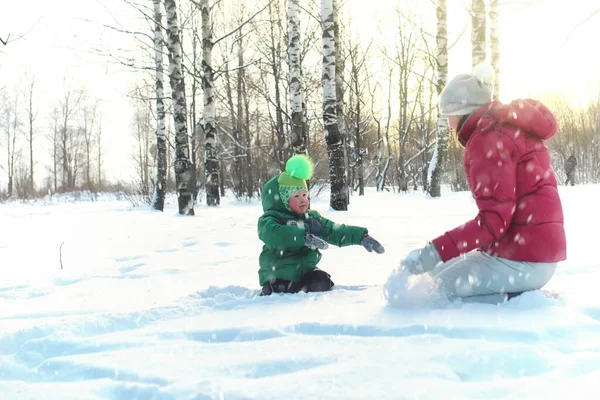 Madre Con Figlio Nel Parco Inverno Neve Piovana — Foto Stock