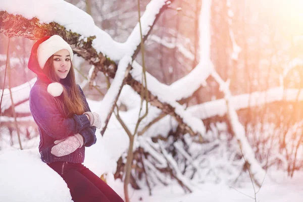 Una joven en un parque de invierno en un paseo. Vacaciones de Navidad en t — Foto de Stock