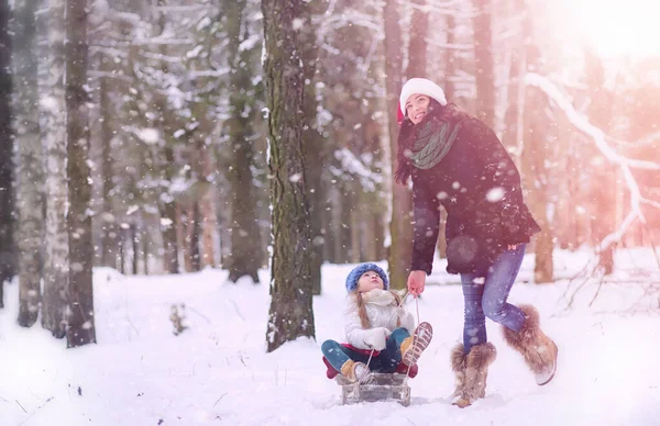 Um conto de fadas de inverno, uma jovem mãe e sua filha montam um trenó — Fotografia de Stock