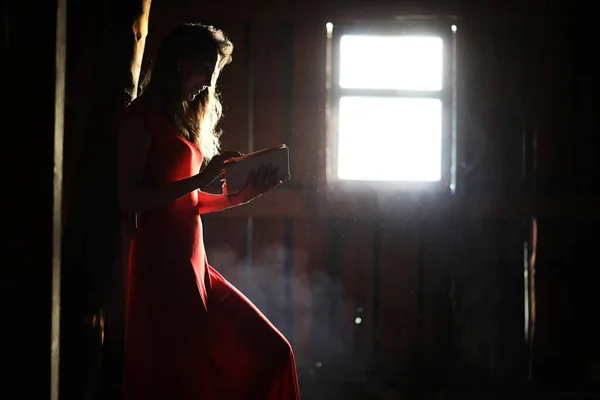 Silhueta de uma menina bonita em um vestido vermelho — Fotografia de Stock