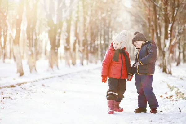 Söta Barn Varma Kläder Leker Vinter Park — Stockfoto