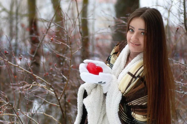 Ung vacker flicka i snöig vinterdag — Stockfoto