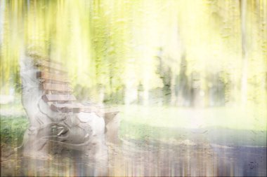 Yağmurlu bir günde sonbahar parkında yol üzerindeki şemsiyeyi bulanık görmek 