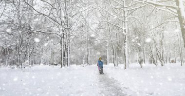 Kar altında kış parkı. Şehir parkında kar fırtınası. Park et!