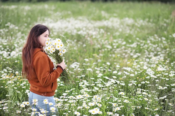 Piękna dziewczyna zbiera stokrotki w lato pole — Zdjęcie stockowe