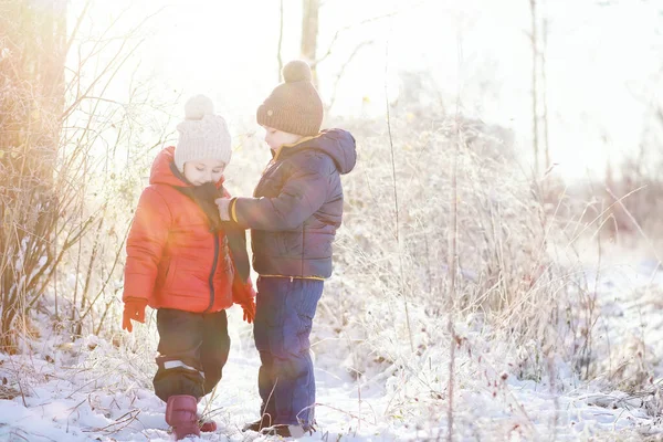 Niños Lindos Ropa Abrigo Jugando Parque Invierno —  Fotos de Stock