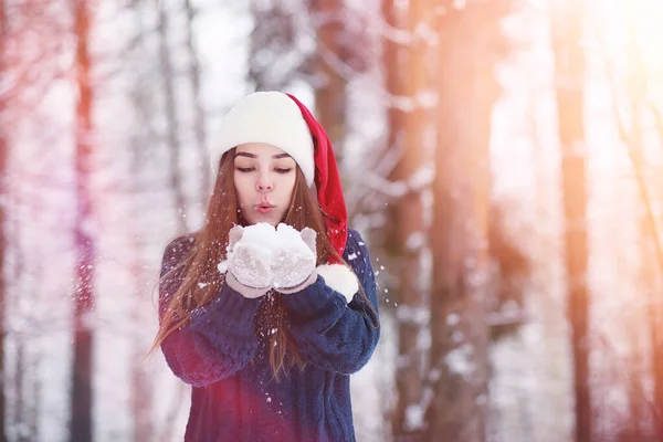 Uma menina em um parque de inverno em uma caminhada. Festas de Natal em t — Fotografia de Stock