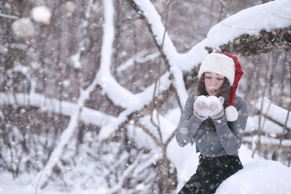 Menina em um parque de inverno na queda de neve — Fotografia de Stock