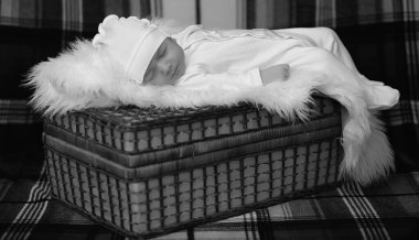 Yeni doğmuş bebek sepet ve ekose üzerinde yatıyor.