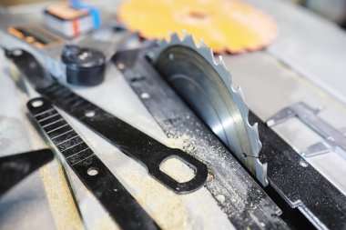 Araçları ve süreç içinde elektrikli testere ile atölye çalışması