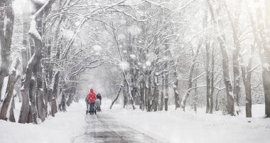 Karla kaplı Kış park ve banklar. Park ve beslenme için pier 