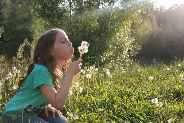 Подросток выдувает семена из цветка одуванчика в весеннем парке — стоковое фото