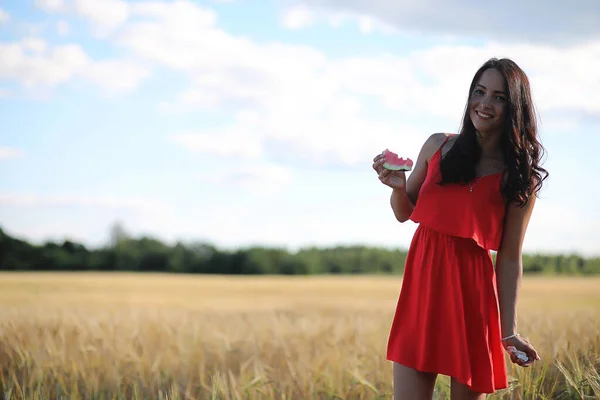 Paysage estival et une fille en promenade nature à la campagne . — Photo