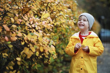 Sonbaharda sonbahar parkında çocuk yürüyüşü