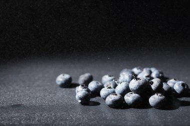 Olgun tatlı yaban mersinine su damlası. Metnin için fotokopi alanı olan taze yabanmersini arkaplanı. Vejetaryen ve vejetaryen kavramı. Yaban mersinli böğürtlenlerin makro dokusu. Yaban mersinli dokular kapanıyor.