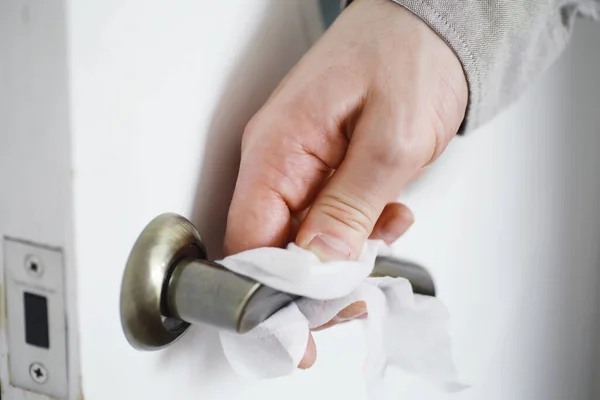 Concetto Pulizia Casa Pulire Polvere Dalle Superfici Disinfettante Trattamento Porta — Foto Stock