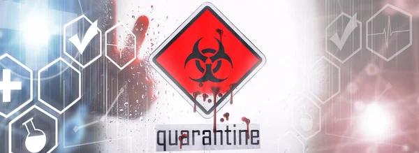 医院隔离器玻璃门上的检疫警告标志 在特殊实验室中分离病毒患者 — 图库照片