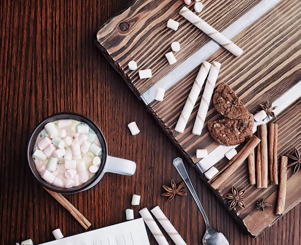 Desayuno Invierno Copa Chocolate Caliente Con Malvaviscos Galletas Recién Horneadas — Foto de Stock