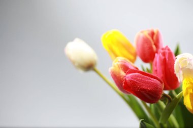 Bir buket taze çiçek. Sevdiğine bayram hediyesi. Sevgililer Günü arkaplanı. Gül, lale, Iris çiçek aranjmanı.