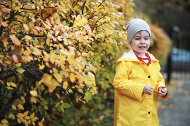 Sonbaharda sonbahar parkında çocuk yürüyüşü