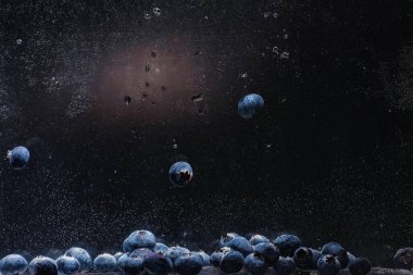 Olgun tatlı yaban mersinine su damlası. Metnin için fotokopi alanı olan taze yabanmersini arkaplanı. Vejetaryen ve vejetaryen kavramı. Yabanmersini dokusunun makro dokusu.