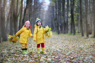 Küçük çocuklar yaprakları sonbaharda sonbahar parkta yürüyorlar
