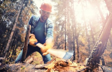 Ormanda ağaç kesen baltalı bir erkek işçi..
