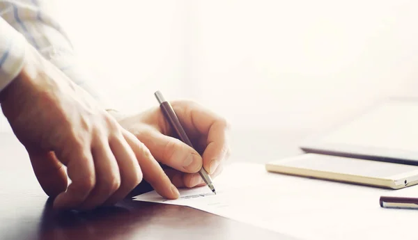 Business Meeting Man Signs Contract Male Hand Pen Makes Notes — Stock Photo, Image