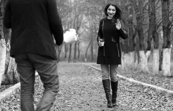 一对年轻貌美的情侣在秋天的公园散步 — 图库照片